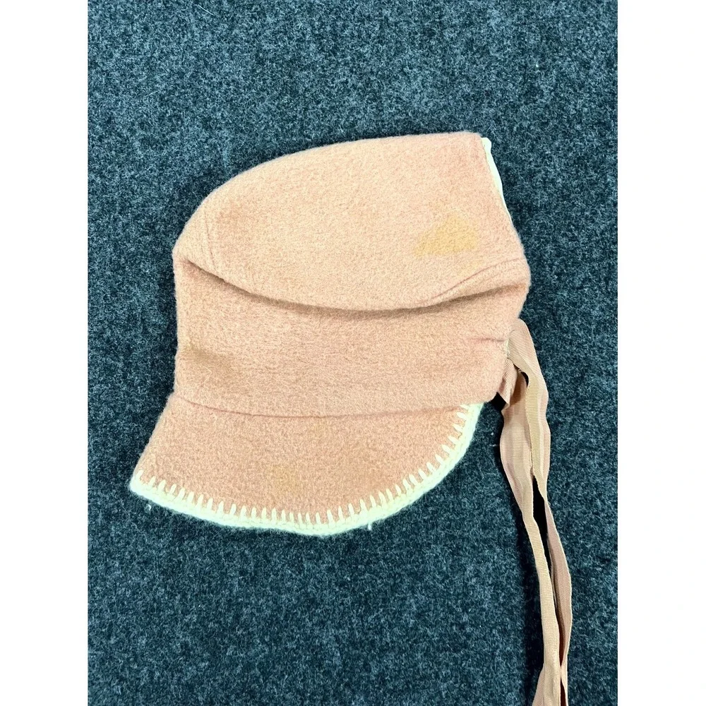 VTG 1950s 60s Felt Bonnet Hat Baby Girls Pink Ribbon Tie Blanket Stitched Edge